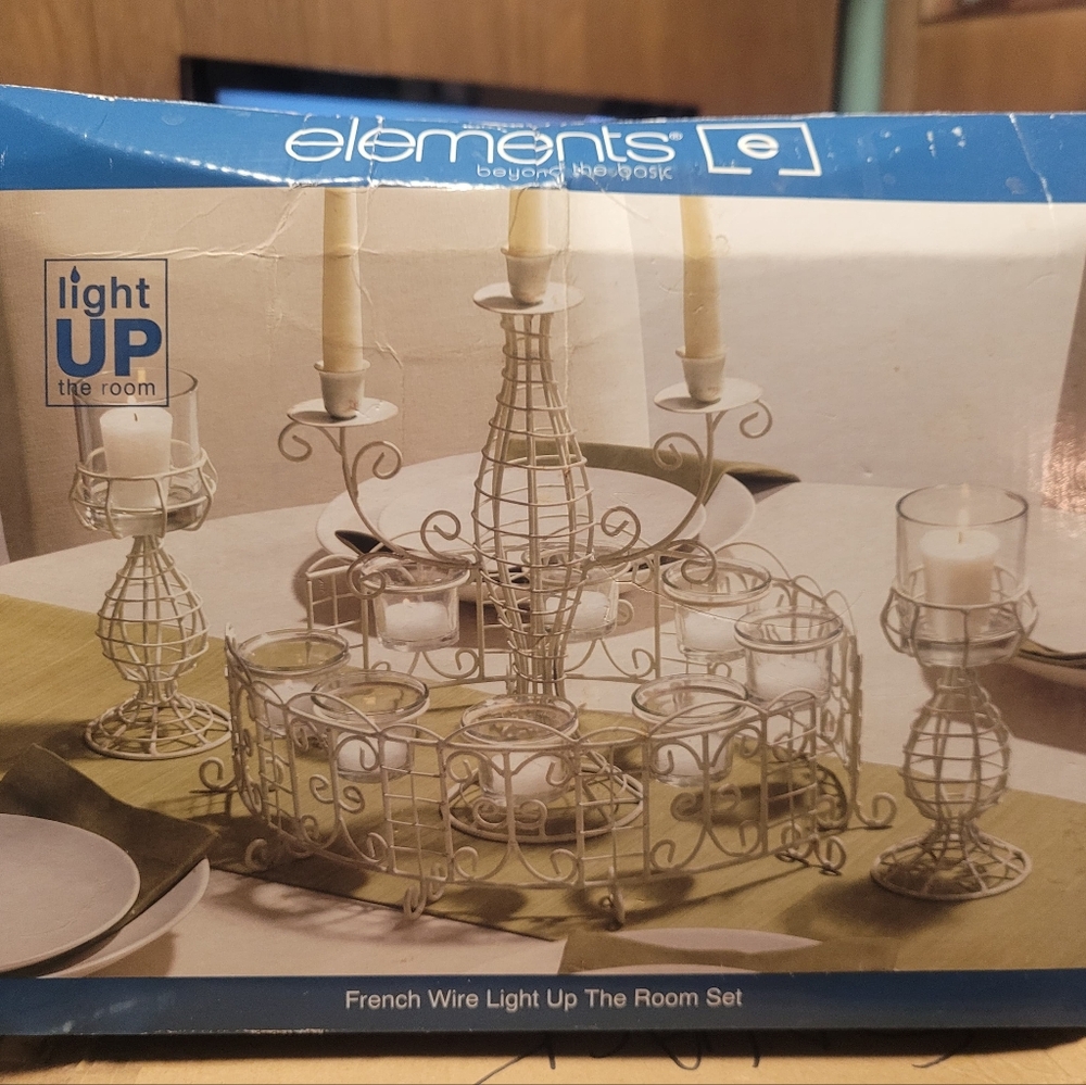 New In Box Element Cream French Wire Candle Holder Set